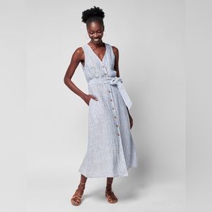 Faherty Margaux Blue Stripe Belted Linen Sleeveless V-Neck Midi Dress Size S